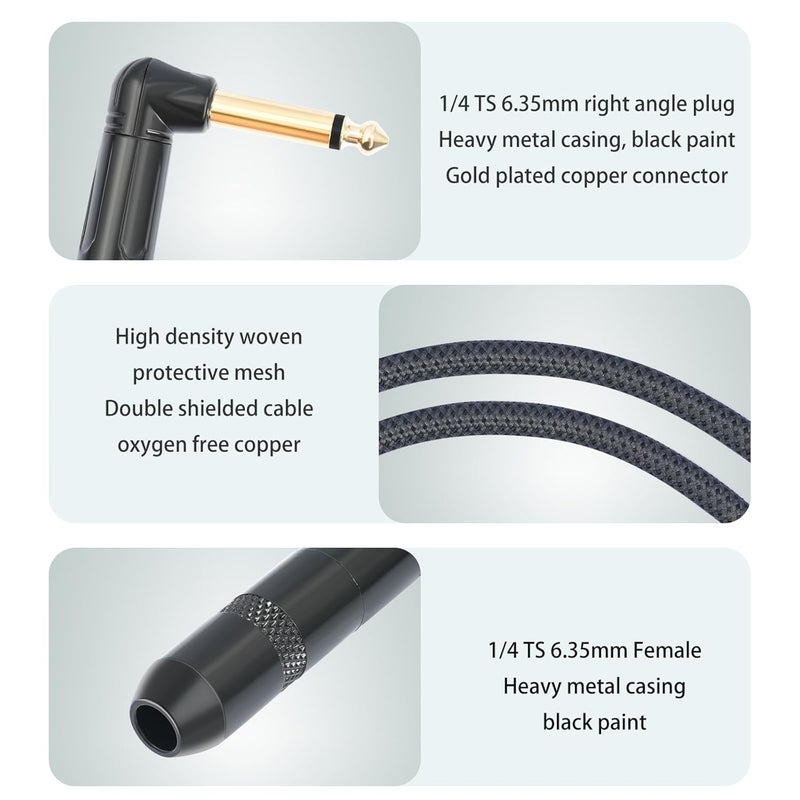 HUALEU كابل 6FT 6.35mm زاوية يمين TS ذكر إلى 6.35mm 1/4 بوصة TS أنثى، موصل 6.35mm 1/4 مونو ذكر إلى أنثى لجيتار القابس السفلي/جيتار على شكل V/جيتار بمقبس أمامي - 1 عبوة - Image 3